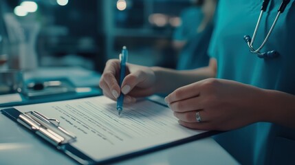 Obraz premium Hands, prescription and writing with doctor in hospital, closeup for checklist or medical aid. Clipboard, diagnosis and document with healthcare professional person in clinic for planning or research