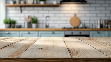 Wooden countertop in front of a modern kitchen.