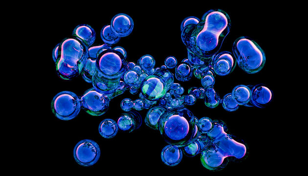 Blue bouncy spheres in front of black background