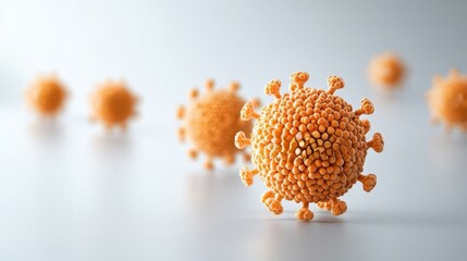 Microscopic view of an orange virus model, detailed representation on a white isolated background.