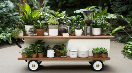 Mobile plant cart with lush greenery and coffee setup in a garden setting, AI