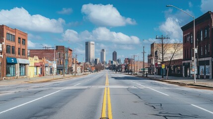 A city skyline showing a decline in economic activity, with empty storefronts and reduced foot traffic in the area