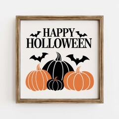 Happy Halloween sign with pumpkins and bats

