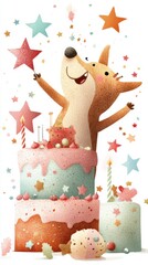 Cheerful fox celebrating with a colorful star-themed cake, AI