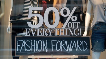50% off sale sign in fashion store window
