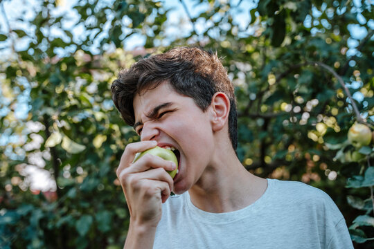Boy biting apple in back yard