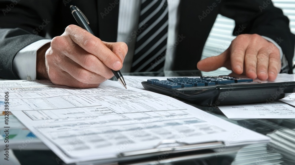 Poster an accountant reviewing financial statements with decimal figures, ensuring accuracy in calculations
