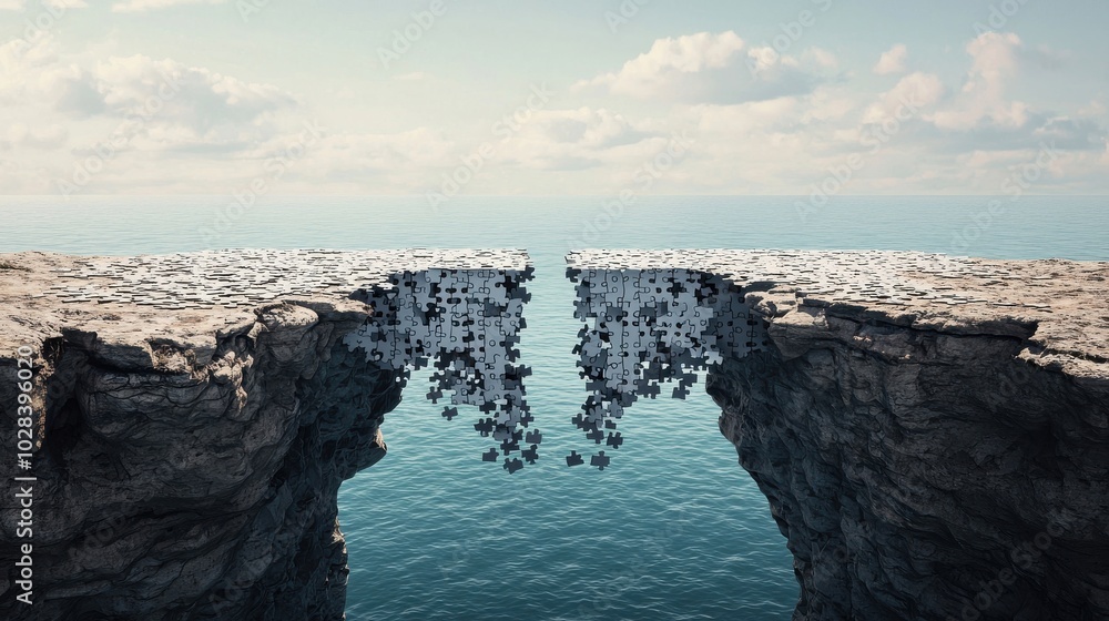 Poster a bridge made of fragmented puzzle pieces, connecting two cliffs representing transformation, with o