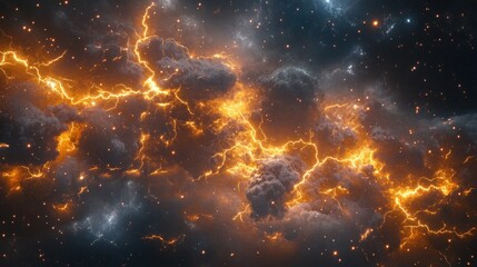 Obraz premium A dramatic cosmic scene featuring vibrant lightning and clouds in a starry background.