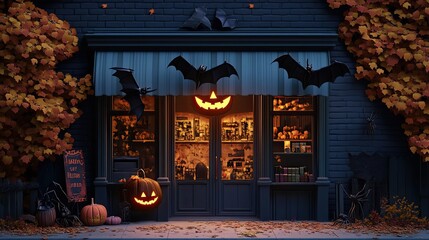 A Haunted Shopfront Decorated for Halloween with Jack-O-Lanterns and Bats