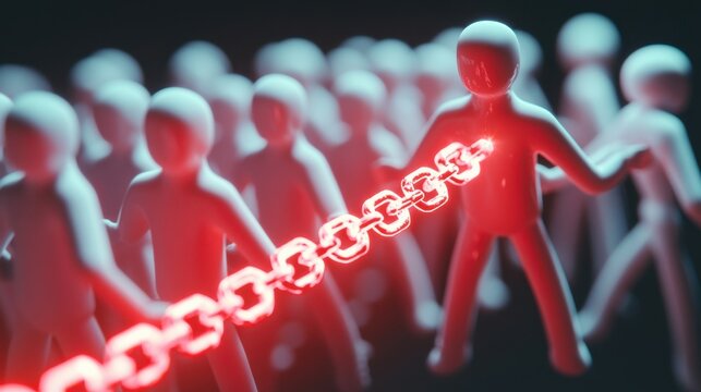 A broken chain of interconnected human figures, with one link glowing and disconnecting from the rest, the disruption caused by employee turnover