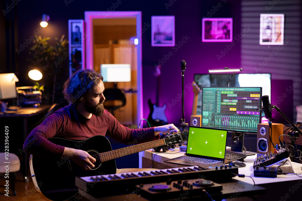 Leinwandbilder Young audio engineer tuning his acoustic instrument strings by twisting knobs and learning to play guitar with online tutorials via greenscreen on laptop. Practicing accords and recording tunes.