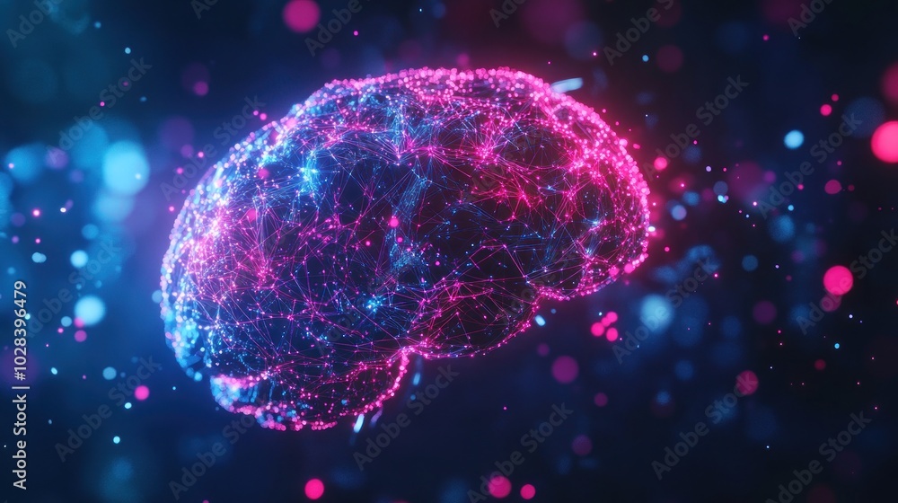Poster a vibrant representation of a brain made of glowing connections and particles.
