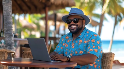 Blacked Man working remotely on beach, digital nomad lifestyle work-life balance virtual remote work Freelance