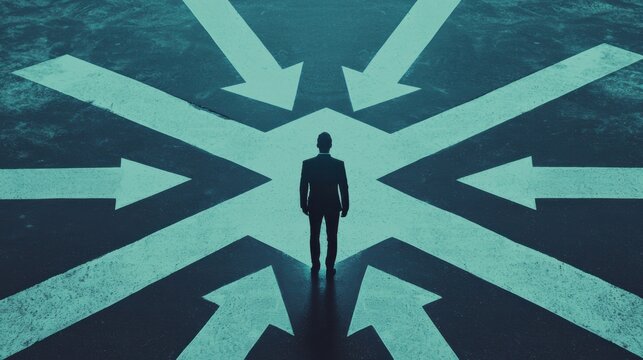 A businessman standing at a crossroads with arrows pointing in different directions, each path leading to abstract, futuristic cityscapes, career transition and opportunities