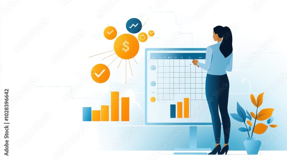 Wall mural a businesswoman is standing in front of a large screen, setting monthly goals using a digital calend