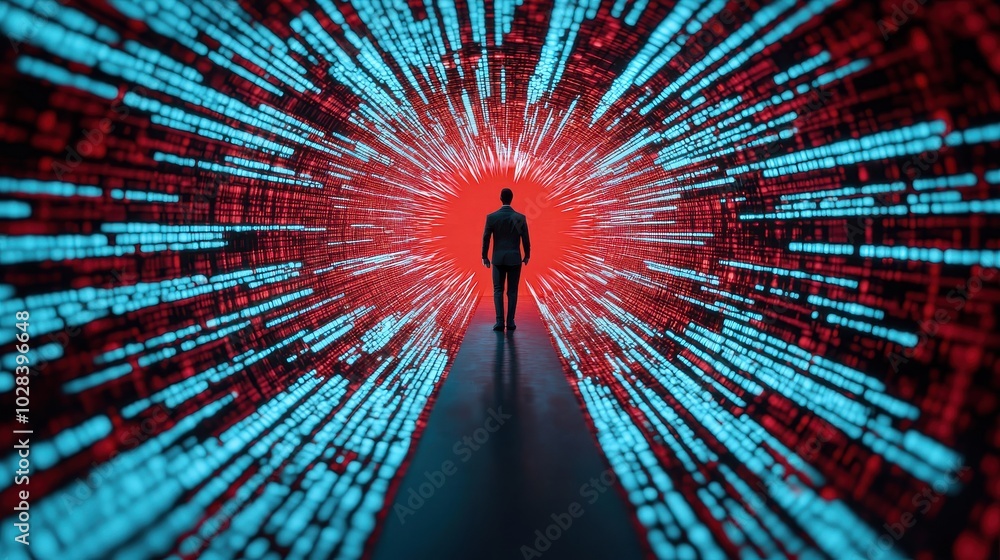 Poster a businessman standing at the center of a glowing digital matrix, with streams of data surrounding h