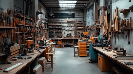 Interior of a woodworking workshop with tools and machinery on shelves and workbenches. The space is well-organized with various hand tools and equipment such as drills and saws.