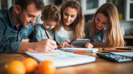A family budgeting together at the kitchen table, mapping out their expenses and debt repayment goals with notebooks and calculators