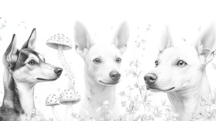 Three dogs surrounded by mushrooms and flowers in a detailed black and white sketch, AI