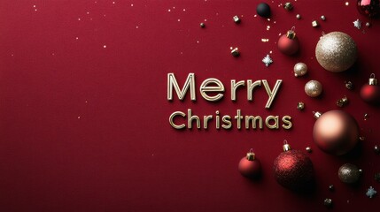 Chic, gold foil-stamped "Merry Christmas" on a deep red velvet background, surrounded by scattered glitter and sparkling ornaments 