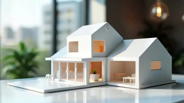 business concept of selling houses involves a small house. Architects and designers working on house layout in modern office