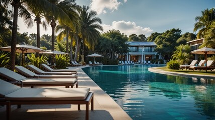 A luxurious resort pool with white lounge chairs and palm trees surrounding the crystal blue water.