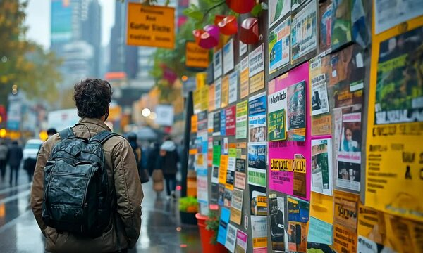 A person observes colorful posters on a rainy street.