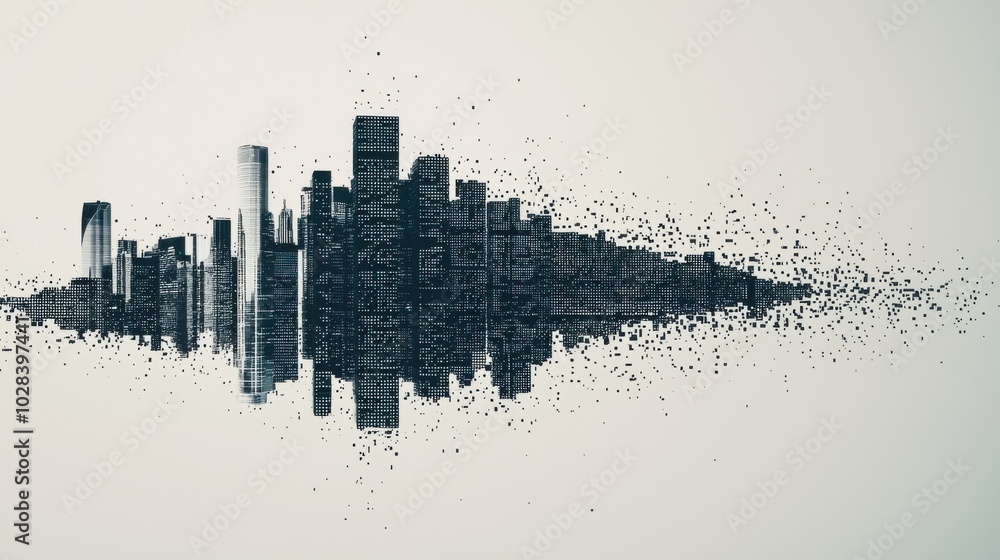 Poster a city skyline where some buildings are dissolving into pixels, while others are being constructed f
