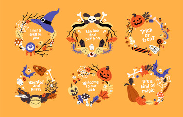 Halloween wreath set. Helloween round frames with scary pumpkins, spooky skulls, web. Candies, dry branches, autumn leaves on circle. Designs of magic holiday decor. Flat isolated vector illustrations