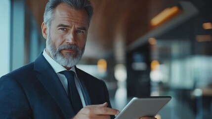 Fototapeta premium Mature businessman using a digital tablet to discuss information with a younger colleague in a modern business lounge.
