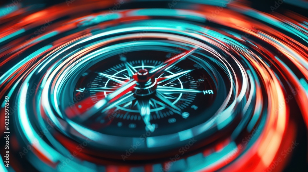 Poster a compass in the middle of a turning gear, a shift in direction and strategic change with abstract l