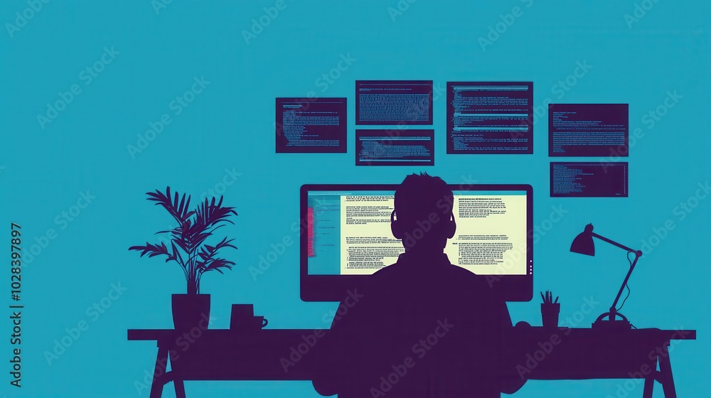 Poster a computer screen displaying endless tabs and notifications with a silhouette of a person sitting ov