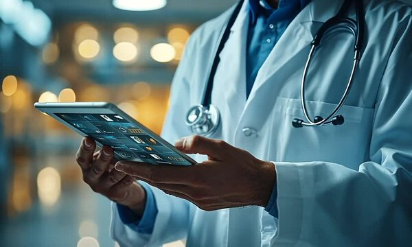 Doctor using a tablet in a clinical setting for patient care.