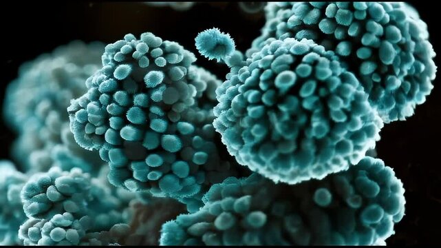 Intricate Close-up of Blue Fungal Spores in Detailed Microscopic View
