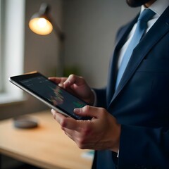 Close-Up of Financial Graph on Digital Tablet Held by Middle Eastern Businessman in Suit, Illuminated Office Setting, Investment Opportunities Concept