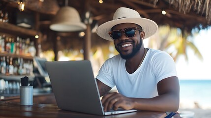 Blacked Man working remotely on beach, digital nomad lifestyle work-life balance virtual remote work Freelance