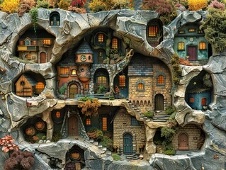 Fototapeta premium Enchanted Miniature Village Carved Into Stone
