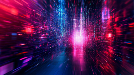 A vibrant digital abstract representation of data flow through a futuristic environment at night
