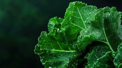 Fresh Green Kale Leaves with Water Droplets