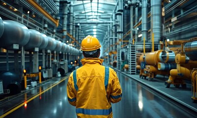 Worker in safety gear observing an industrial facility.