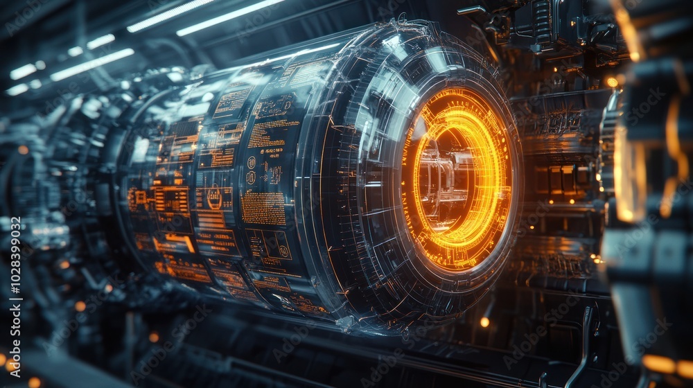 Poster a futuristic energy core with glowing elements in a high-tech environment.