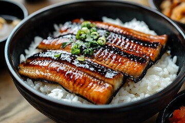 Unagi Donburi Japanese Eel Rice Bowl with Green Onions.