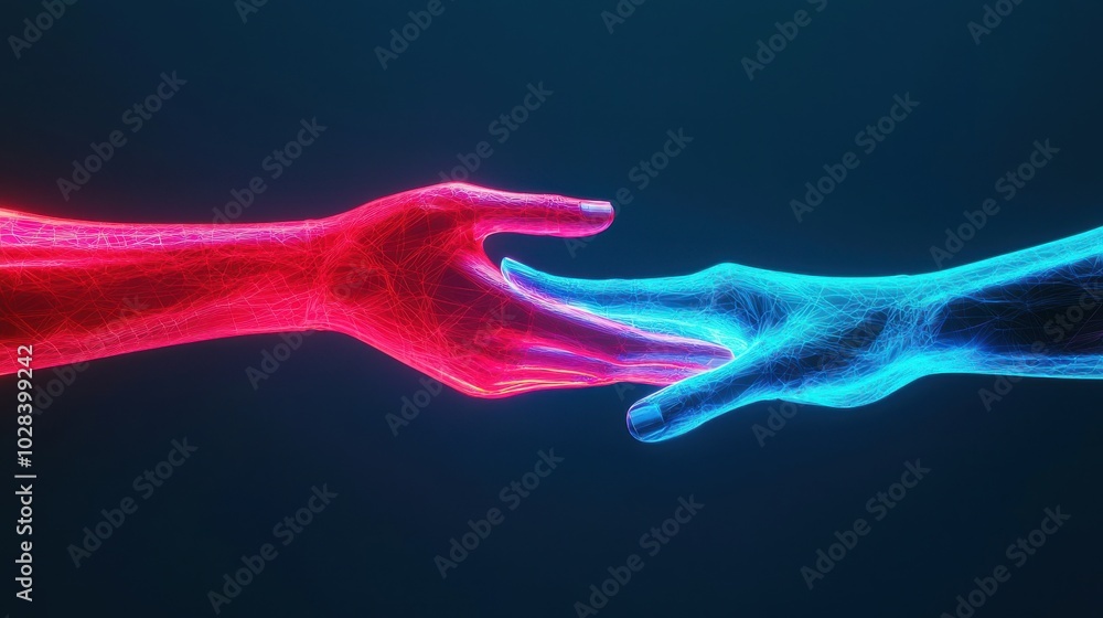 Poster a digital hand passing a glowing document across a virtual workspace to another hand from a differen