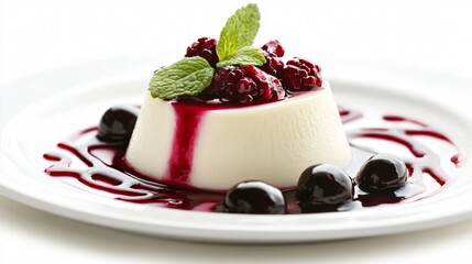 Creamy dessert with berries and mint on a white plate.