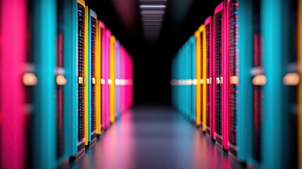 Data center with rows of servers, highlighting network performance and reliability.