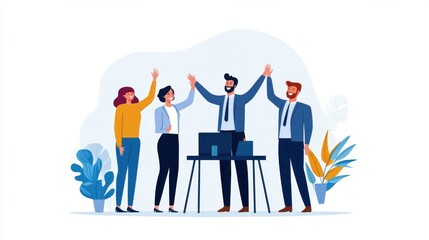 A diverse group of coworkers celebrate a small success in the office, giving high fives and smiling. Their collective positivity drives team success., flat design illustration