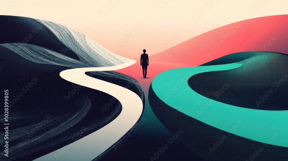 Poster a figure standing at a crossroads, with one path leading to chaos represented by swirling abstract s