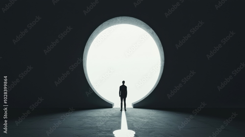 Poster a figure standing in front of a giant keyhole, with a path of light leading towards it, representing