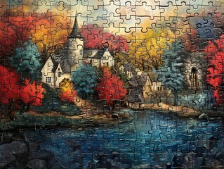 Autumn Village by the Lake - A Whimsical Landscape Painting